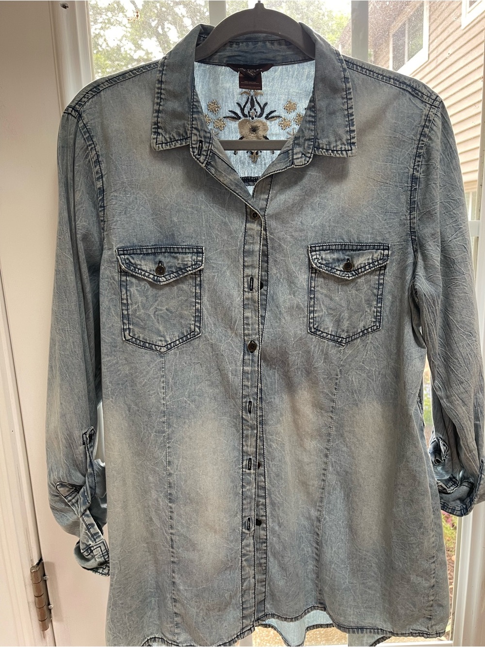 Multiples Faded Blue Denim Shirt with Gold Floral Embroidery